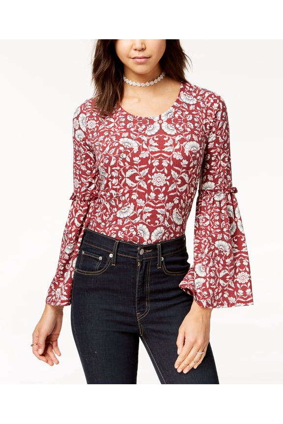 Love Fire Juniors Printed Bell Sleeve Rib Knit Top Burgundy Floral M