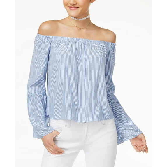 Love Fire Juniors Striped Off The Shoulder Bell Sleeve Blouse Blue/White Stripe XS