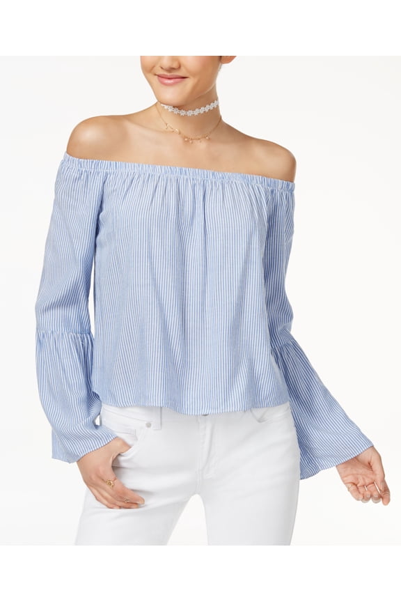 Love Fire Juniors Striped Off The Shoulder Bell Sleeve Blouse Blue/White Stripe XS