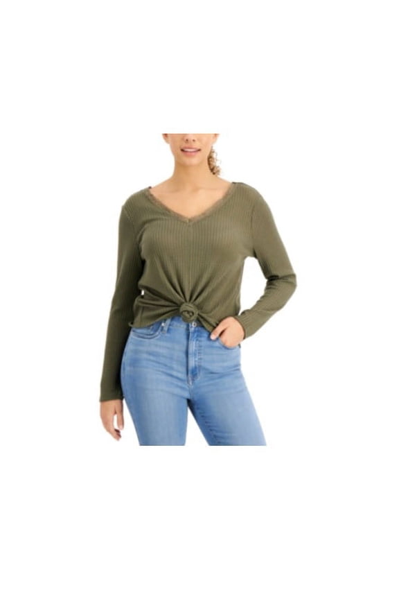 Women's Long Sleeve Lace-trim Thermal Top In Thyme Green L, $25 NWT
