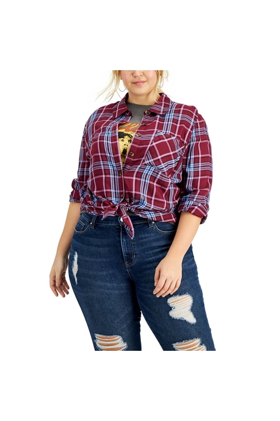 Women's Plus Size Plaid Button-Down Top Burgandy Blue 2X B4HP