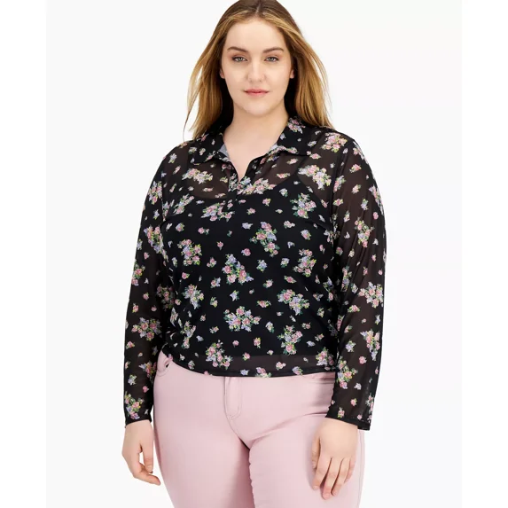 Love, Fire Womens Trendy Plus Size Mesh Floral-Print Top, Black, 1X