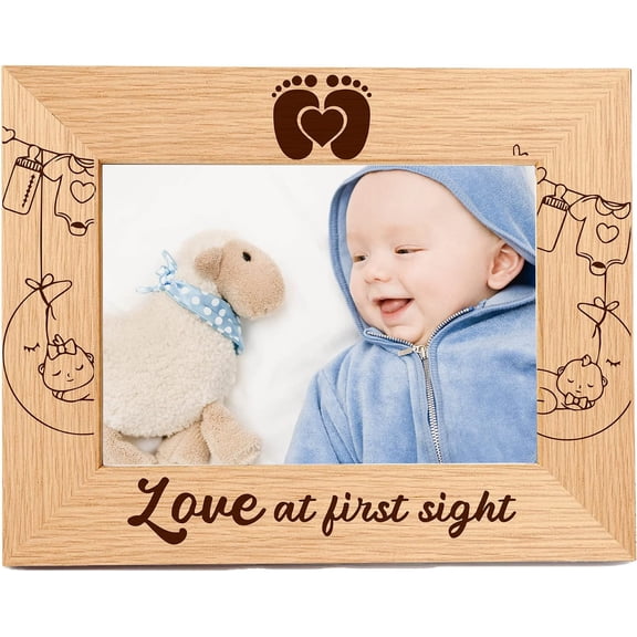 Love at First Sight Frame Engraved Natural Wood Picture Frame Solid Wood Photo Horizontal Poster Standing Freestanding Wall Mountable Vintage High Definition Glass 6x8 inch DIY