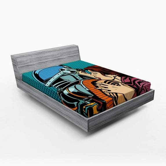 Love Fitted Sheet, Astronaut Kisses His Wife Illustration Vintage Pop Art Retro Style Print, Soft Decorative Fabric Bedding, Full Size, Petrol Blue and Brown, by Ambesonne