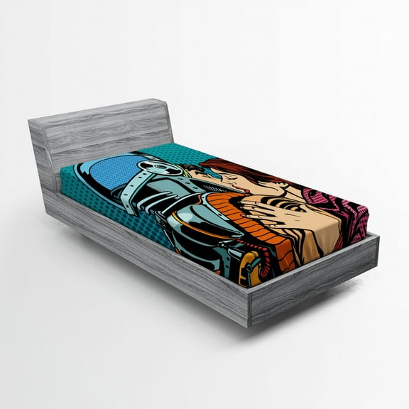 Love Fitted Sheet, Astronaut Kisses His Wife Illustration Vintage Pop Art Retro Style Print, Soft Decorative Fabric Bedding, Twin Size, Petrol Blue and Brown, by Ambesonne