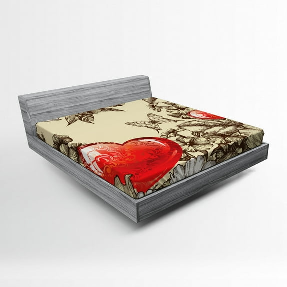 Ambesonne Love Fitted Sheet, Flowers and Butterfly, Full Size, Beige Brown Red