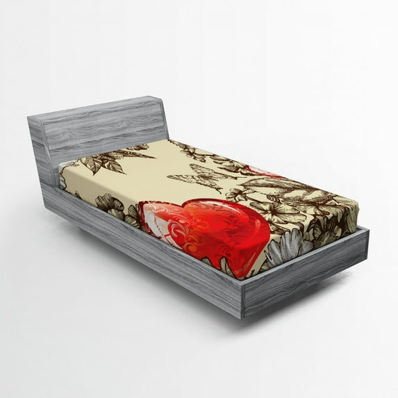 Ambesonne Love Fitted Sheet, Flowers and Butterfly, Twin Size, Beige Brown Red