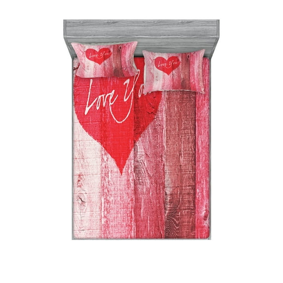Love Fitted Sheet & Pillow Sham Set, Love You Heart on Grunge Style Rustic Wooden Background Valentines Day Retro Print, Decorative Printed 6 Piece Bedding Decor Set, Full, Red Pink, by Ambesonne
