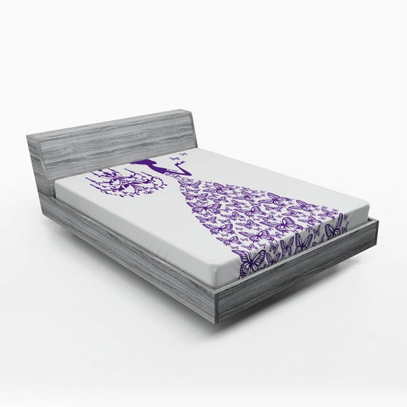 Love Fitted Sheet, Romantic Fairtytale Lady Butterflies Princess with Antique Chandelier Graphic, Soft Decorative Fabric Bedding, Full Size, Purple and White, by Ambesonne