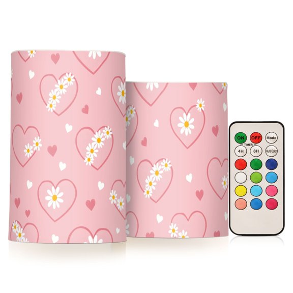 Love Flower Flameless LED Candle Set with Remote, Battery Operated Color Changing Pillar Candles, Set of 2