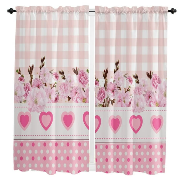 Love Flower Pink Plaid Curtains Home Decor Living Room Kitchen Balcony Room Window Curtain Bedroom Patio Decoration