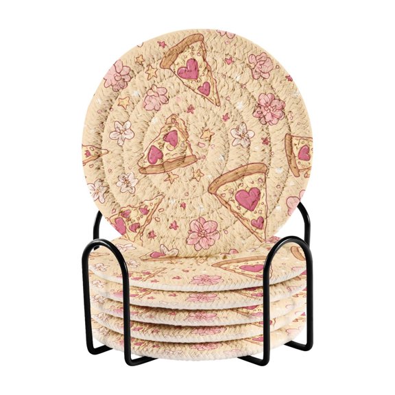 Love Flower Pizza Pattern Bar Coasters 6 Pack Braided Coasters with Holder Absorbent Heat Resistant