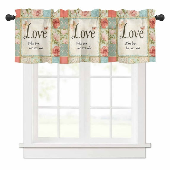 Love Flower Valances for Windows Butterfly Retro Watercolor Floral Rose Rod Pocket Curtain Valance Window Treatment Short Curtains for Kitchen Living Room, 42"x12"
