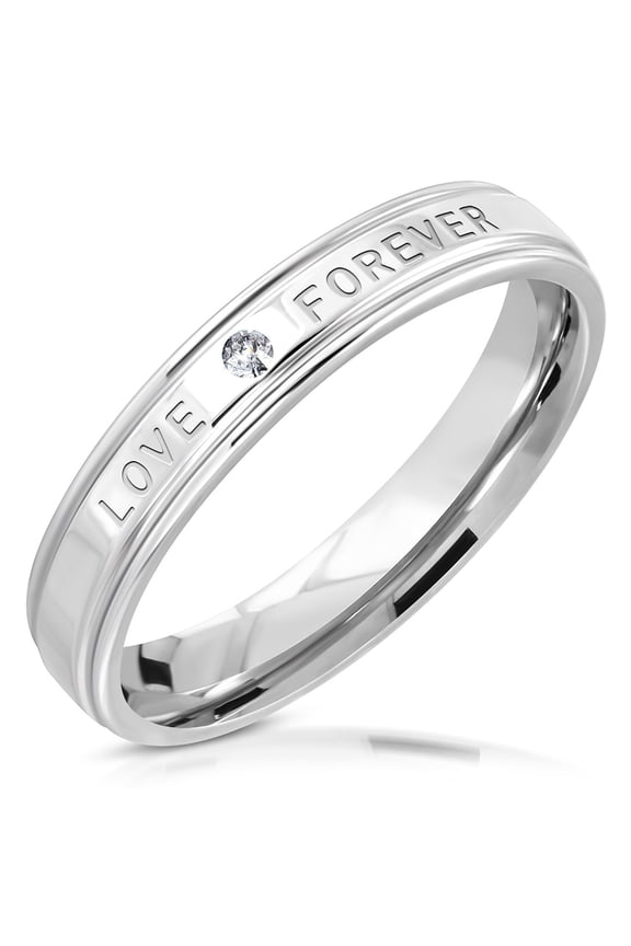 Love Forever Band Ring Silver-Tone Stainless Steel Cubic Zirconia - Size 7