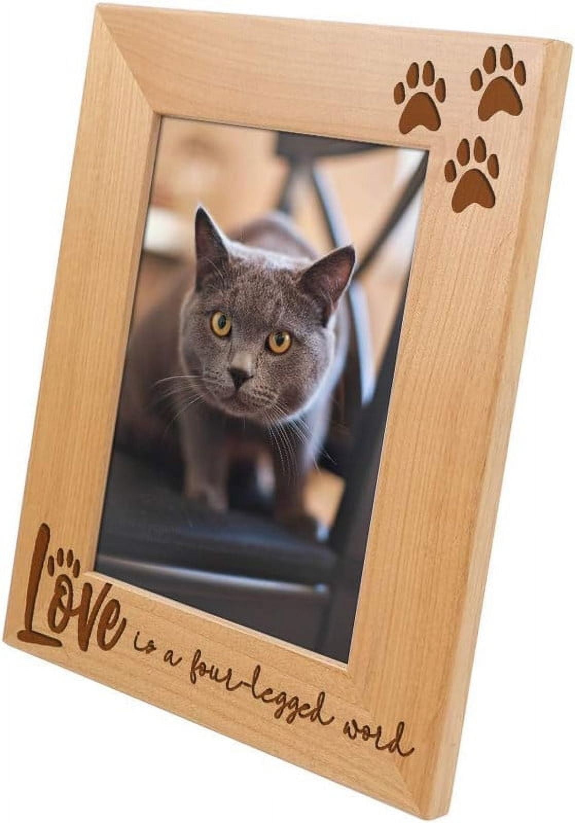 Cat Memory Photo Frame Love is a Four-Legged Word-Wood Engraved Pet Picture Frame with Glass ...