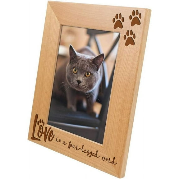 Love is a Four-Legged Word-Wood Engraved Pet Picture Frame with Glass,Dog Picture Frame,Cat Picture Frame,Dog Mom,Cat Dad,Paw Print,Pet Memorial Picture Frame,Pet Lover Gift (5x7 Vertical)