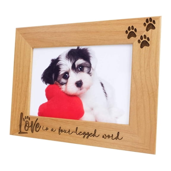 Love is a Four-Legged Word-Wood Engraved Pet Picture Frame with Glass,Dog Picture Frame,Cat Picture Frame,Dog Mom,Cat Dad,Paw Print,Pet Memorial Picture Frame,Pet Lover Gift (4x6 Horizontal)