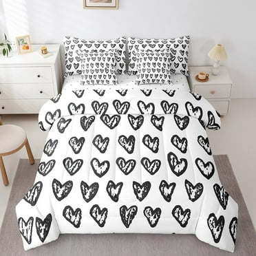 Love Full Size Comforter Set - 7 Piece Black and White Heart Shaped Bedding Comforter Set,Love Hearts Bed in a Bag with 1 Comforter,1 Flat Sheet,1 Fitted Sheet,2 Pillowcases & 2 Shams