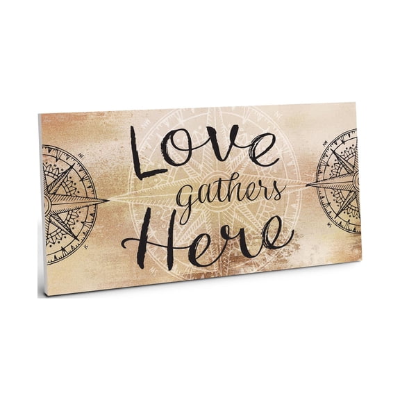 Love Gathers Here Golden Cream Compass Rose 10 x 5 Wood Wall Sign Plaque