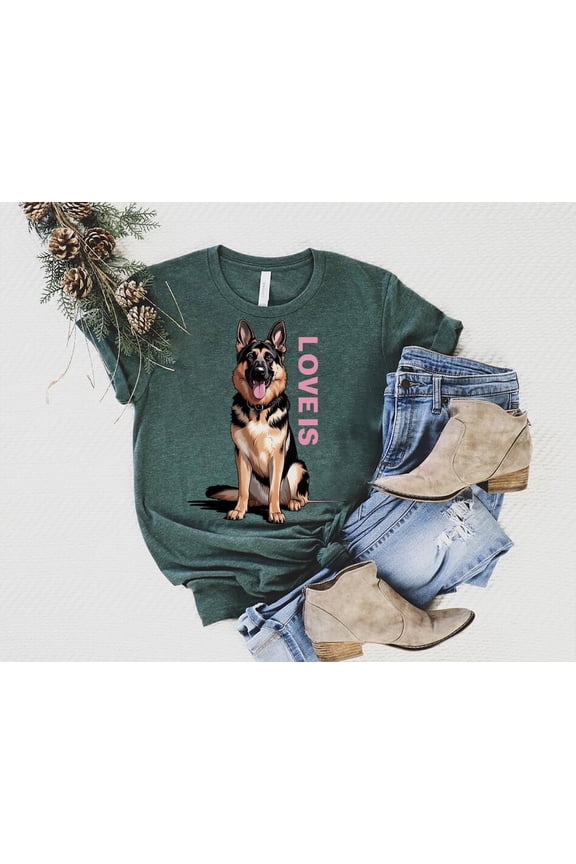 Love Is German Shepherd Shirt – Cute Sitting GSD Dog Graphic Tee – Dog Lover Gift Idea – Pet Owner Top – German Shepherd Fan T-Shirt TSHIRT All Size S-5XL