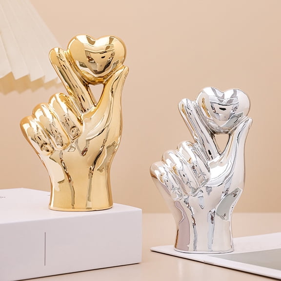 Love Gesture Single Hand Statue Ceramic Heart Hand Sculpture Golden Silver Table Ornament for Living Room Bedroom Bookshelf Desktop Decor
