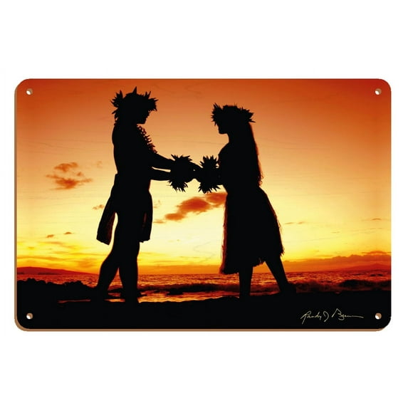 Love Gives Life Within (Ua ola loko i ke aloha) - Hawaiian Hula Dancers at Sunset - From an Original Color Photograph by Randy Jay Braun - 8 x 12 inch Vintage Wood Art Sign