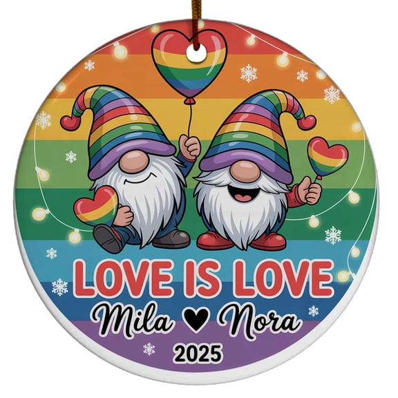 Love is Gnomes Rainbow Mr & Christmas Ornament 2025, Ornament Names Couple Gnome Gay Pride LGBT Gift for Xmas Dating Anniversary, Customized Gifts, Circle Christmas Ornament