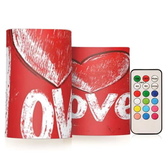 Love Graffiti Flickering Flameless Candles Battery Operated with Remote Timer LED Pillar Candles Set of 2