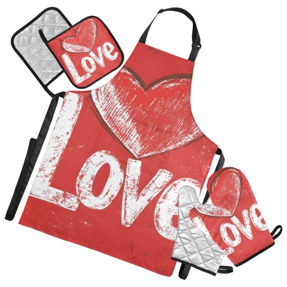 Love Graffiti Oven Mitts and Pot Holders with Chef Apron Set 5 Pcs Kitchen Cooking Set