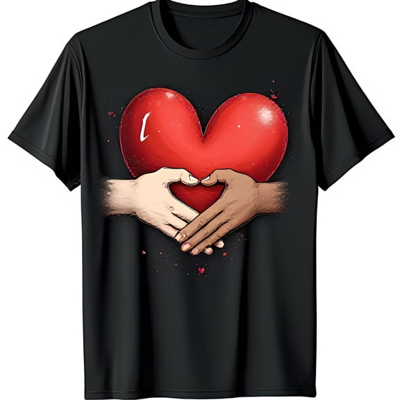 Love Graphic Black T-Shirt: Heart Design with Diverse Hands