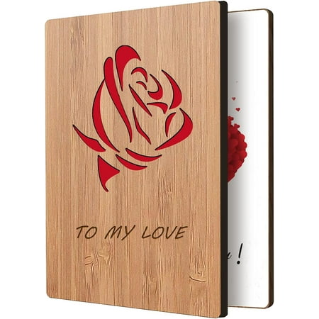 to My Love Greeting Card with Real Bamboo Wood Hollow Out Red Rose Pattern Handwritten Card with Envelope Perfect Way to Say I Love You Valentines Gift for Him/Her