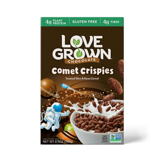 Love Grown, Breakfast Cereal, Comet Crispies, Gluten Free, Chocolate, Toasted Rice & Bean Cereal, 9.5 oz Box
