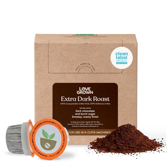 Love Grown Compostable Coffee Pods - Compatible With Most Major Coffee Pod Brewers - 100% Arabica, Plastic-Free, Non-GMO - Extra Dark Roast, Box of 15