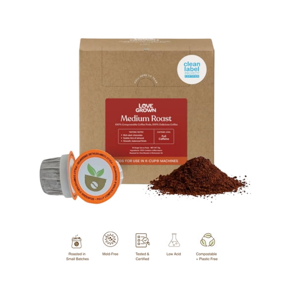 Love Grown Compostable Coffee Pods - Compatible With Most Major Coffee Pod Brewers - 100% Arabica, Plastic-Free, Non-GMO - Medium Roast, Box of 15