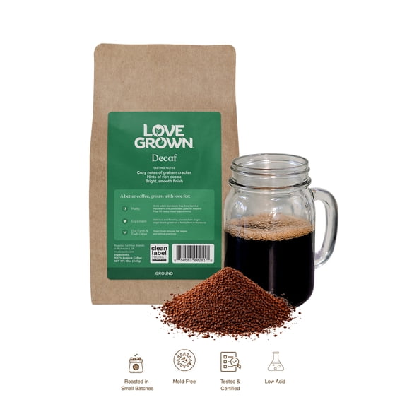 Love Grown Ground Coffee - 100% Arabica Beans, Honduras Single-Origin, Smooth Flavor, Rich Aroma - Vegan, Gluten-Free, Non-GMO - (Decaf Medium Roast), 12oz Bag