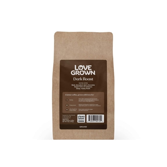 Love Grown Ground Coffee - 100% Arabica Beans, Honduras Single-Origin, Smooth Flavor, Rich Aroma - Vegan, Gluten-Free, Non-GMO - (Dark Roast), 12oz Bag