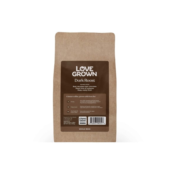 Love Grown Whole Bean Coffee - 100% Arabica Beans, Honduras Single-Origin, Smooth Flavor, Rich Aroma - Vegan, Gluten-Free, Non-GMO - (Dark Roast), 12oz Bag
