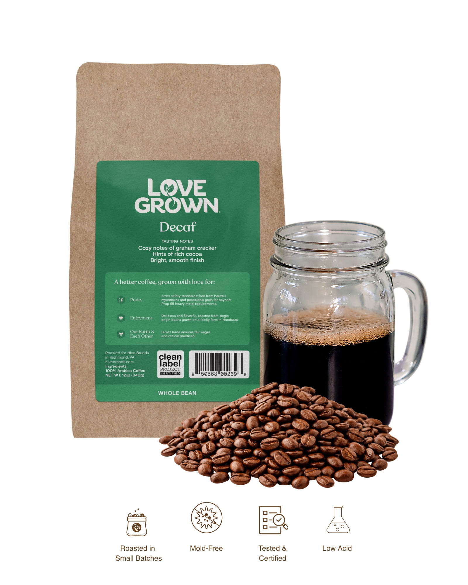 Love Grown Whole Bean Coffee - 100% Arabica Beans, Honduras Single-Origin, Smooth Flavor, Rich Aroma - Vegan, Gluten-Free, Non-GMO - (Decaf), 12oz Bag