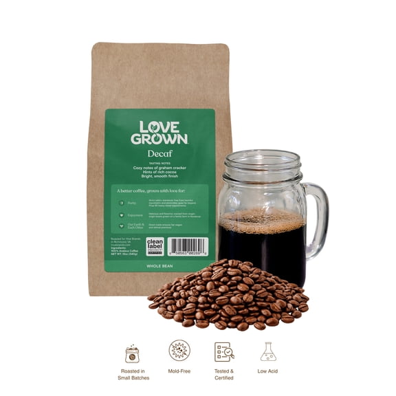 Love Grown Whole Bean Coffee - 100% Arabica Beans, Honduras Single-Origin, Smooth Flavor, Rich Aroma - Vegan, Gluten-Free, Non-GMO - (Decaf), 12oz Bag