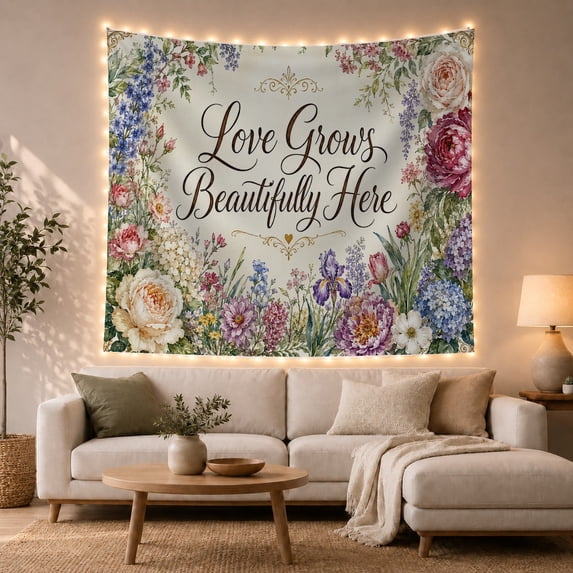 Love Grows Beautifully Here Within a Floral Garden, Romantic Watercolor for Flower Lovers, Botanical Wall Art, Anniversary Gift, Tapestry Wall Hanging for Bedroom and Studio