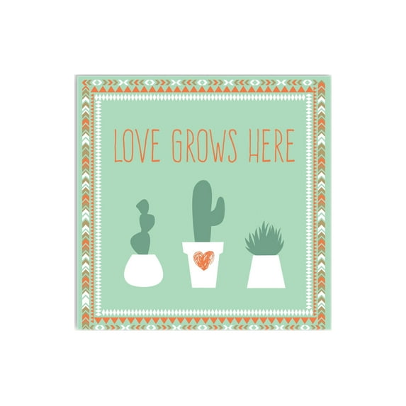 Love Grows Here Cactus Green Heart 12 x 12 Wood Wall Sign Plaque