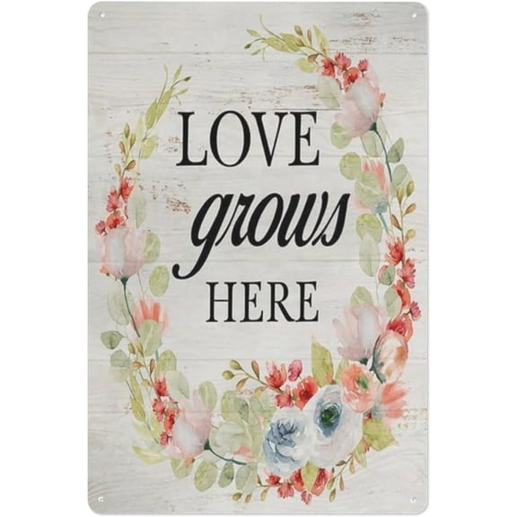 Love Grows Here Metal Tin Sign, Rustic Spring Wreath Wall Decor Plaque, 8 x 12 Inch Farmhouse Style for Living Room, Bedroom, Kitchen