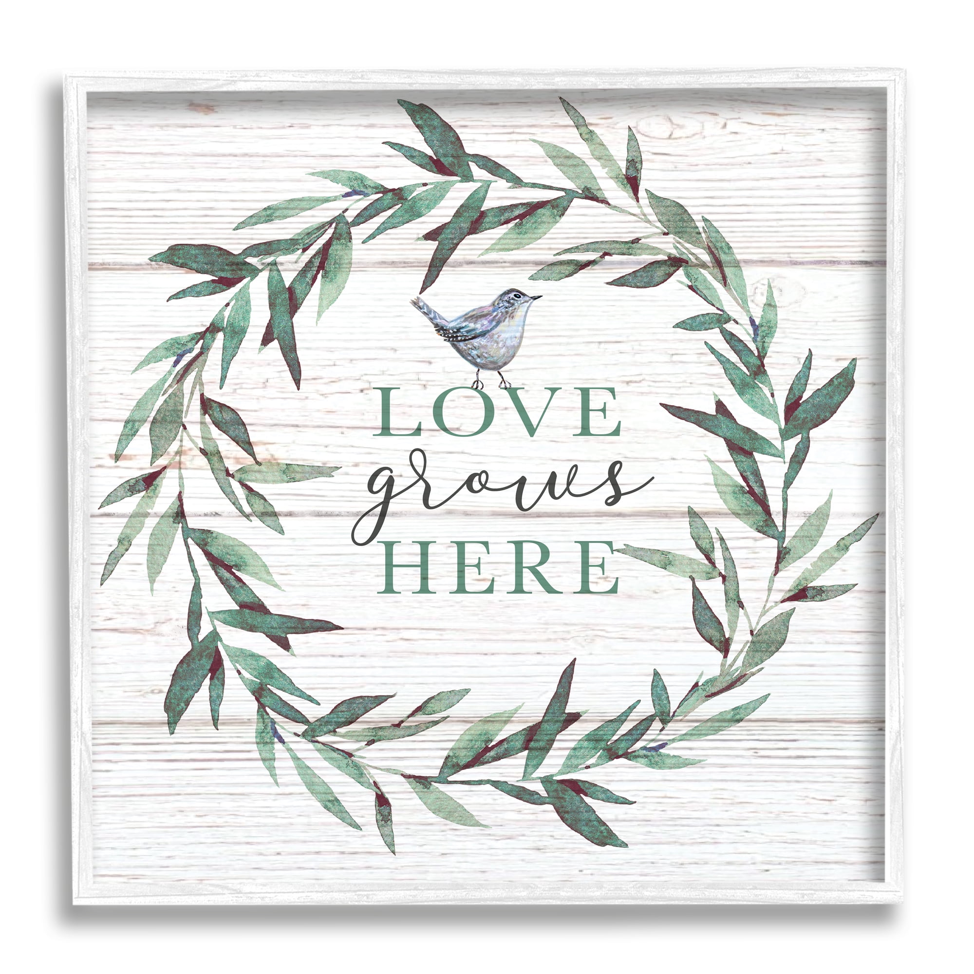 Love Grows Here Sentiment Green Fern Wreath Blue Warbler Botanical & Floral Framed Art Print Wall Art, 17x17