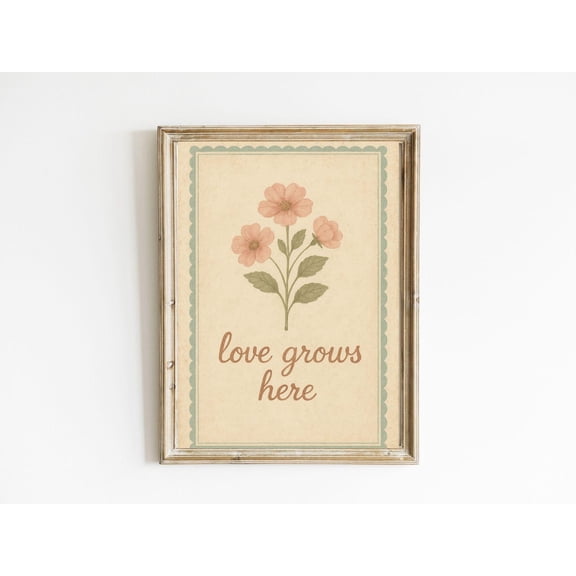 Love Grows Here Vintage Wall Art – | Cottagecore Romantic Decor | Farmhouse Style Poster, Stretched Canvas Size 12x18