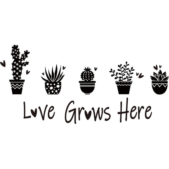 "Love Grows Here Text PVC Wall Sticker Cactus Plant Potted Pattern Vinyl Wall Decal Wall Art Warming Quotes Self-Adhesive Sticker for Home Decoration Living Room Black 16"x23" for diy