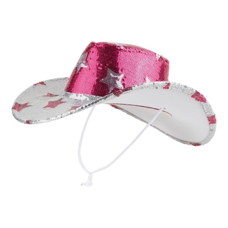 Pink Straw Cowboy Hat with Star Print, Shapeable Brim, Adjustable Chin Cord Love HER Sequin Cowgirl Hat Adjustable Multicolor Pink and  main image 4