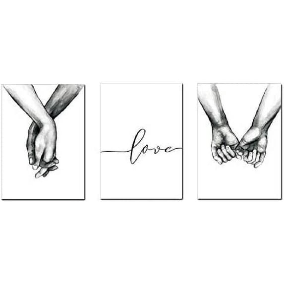 Love and Hand in Hand Wall Art Canvas Print Poster Black and White Sketch Art Line Drawing Decor for Living Room Bedroom (Set of 3 Unframed, 8.3x12 inches)
