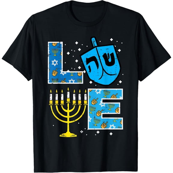Love Hanukkah Dreidel Menorah Jewish Chanukah Men Women Kids T-ShirtMen and women, Black T-shirt, size: Extra large S-4XL