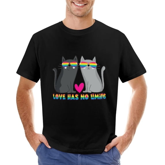 Love Has No Limits LGBT Pride Slogan Cute Cats Men’s Graphic T-shirt Vintage Short Sleeve Sport Tee Black XL