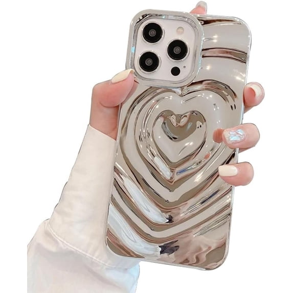 Love Heart 3D Solid Color Aesthetic Curly Wave Soft TPU Case for Women Girls Compatible with iPhone Case (Bright Silver,iPhone 15 Pro Max)